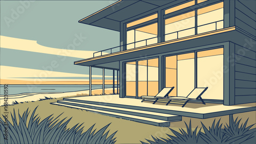 Modern Coastal House Illustration Ocean View Deck Chairs Sunset Architectural Design Home Exterior Summer Vacation Relaxing Scene.