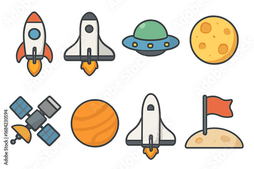 Vector illustration of 8 flat-style space icons including rocket, spaceship, UFO, moon, satellite, planet, shuttle, and flag on surface, ideal for science, technology, space exploration concepts