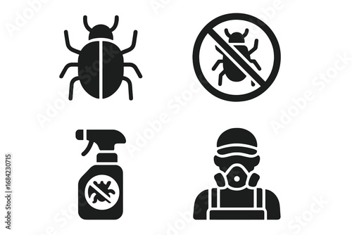 Pest control solid icon set. Infestation, prevention, and solution symbols. Extermination service glyphs with bug, insecticide spray, and exterminator character. Vector.