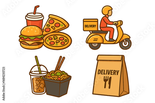 Food delivery service vector icon set. Fast food takeout concept with courier on scooter, pizza, burger, Asian noodles, and drink. Cartoon illustration for online ordering.