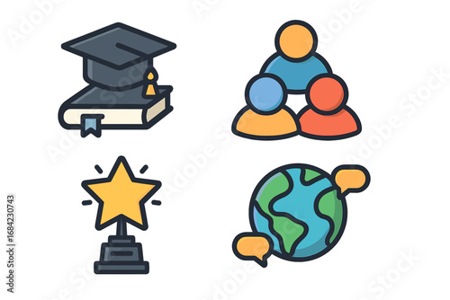 Education, teamwork, success, global communication icon set. Vector symbols for learning, collaboration, achievement, and international business. Graduation, community, award.