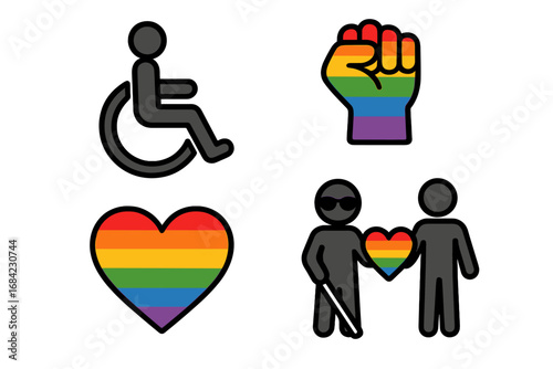 Inclusive vector icons set. LGBTQ pride and disability rights symbols. Rainbow heart, protest fist, wheelchair user, and blind person. Concept of diversity, support, community.