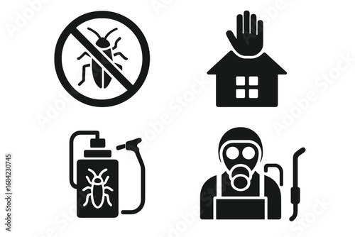 Pest control solid icon set. Infestation prevention and solution. Extermination service glyph collection. Insecticide sprayer, home protection, no bugs sign vector pictograms.