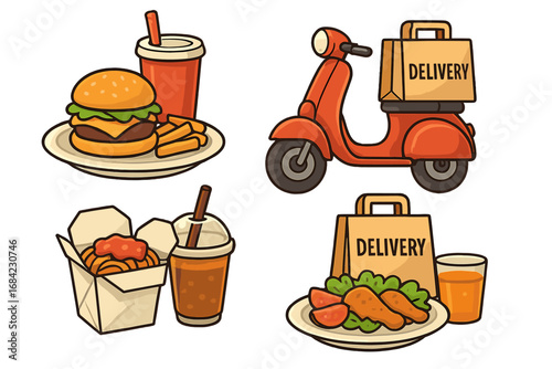 Food delivery service icon set. Online order and fast food concept with scooter, takeout bag, burger, fries, noodles, and chicken meals. Vector cartoon illustration.