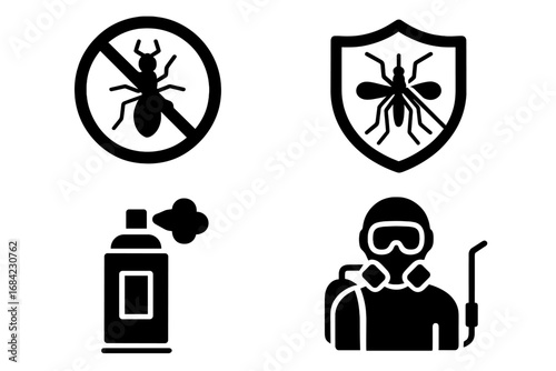 Pest control solid icon set with insect prevention and protection symbols. Vector glyph collection with exterminator, fumigation spray, ant and mosquito stop sign. Disinfection service.