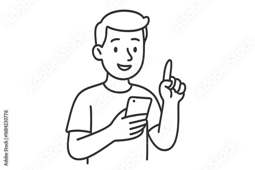 Man with smartphone has an idea. Line art vector illustration of a user pointing up. Concept for communication, app interface, solution, tip, and modern technology.