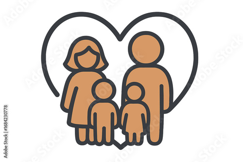 Family icon vector. Parents and two children inside a heart shape. Symbol of love, care, unity, protection, and insurance. Happy family pictogram for web, apps, logo design.