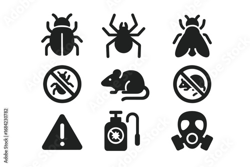 Pest control solid icon set. Disinfection service glyph symbols. Bug, insect, spider, fly, mouse, and rat extermination. Pesticide sprayer, gas mask, and warning sign vector.