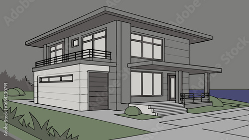Modern House Architectural Design Two-Story Home Illustration Contemporary Home Exterior Home Plan Real Estate Property New House Residential Building Building Design Home Exterior Design House Sketc.