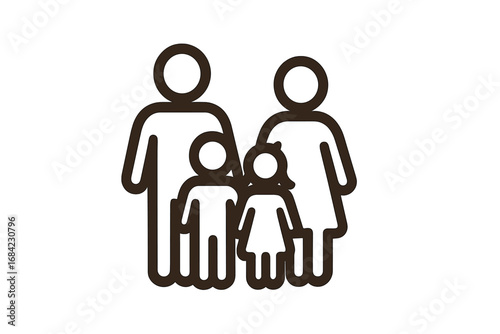 Family icon with parents and two children. Simple line art pictogram of people together. Vector symbol for love, care, relationship, support, insurance, and community.