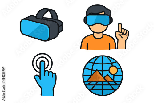 Virtual Reality Icons Representing Immersive Technology, User Interaction, Digital Environments, VR Headset, Touch Gesture, Globe with Pyramids, Vector Cartoon Illustration Transparent Background