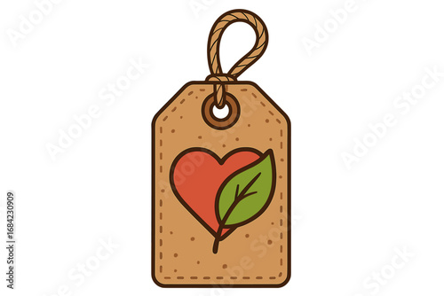 Eco-friendly label tag with heart and green leaf symbol, brown paper texture with rope detail, sustainability and love for nature concept, environmental protection design