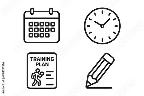 Training plan icon set. Fitness schedule, workout routine and exercise planning concept. Outline vector icons of calendar, clock, goal sheet, and pencil for time management.