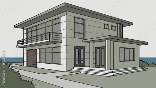 Modern House Architectural Illustration Two-Story Home Design Contemporary Home Exterior Green Building Facade Residential Structure Home Design Blueprint House Sketch Modern Architecture Drawing Hom.