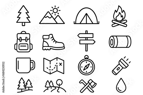 Nature and outdoor adventure line icon set. Vector collection of camping and hiking outline symbols. Includes mountain, forest, tent, campfire, map, and compass graphics.