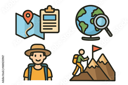 Travel icon set for tourism and adventure. Vector concepts of planning with map and checklist, world exploration with globe, hiking and mountain climbing. Outdoor activity symbols.