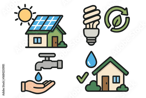 Visual Guide Illustrating Sustainable Home Management Practices with Energy Efficiency, Water Conservation, Renewable Energy, Eco-Friendly Living, and Green Technology Vector Cartoon Illustration