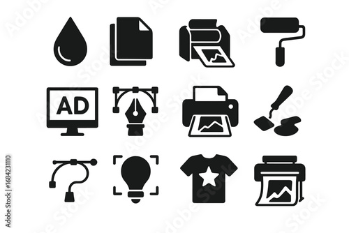 Print shop glyph icons. Graphic design silhouette icon set for printing and advertising services. Vector art of printer, plotter, ink drop, pen tool, and t-shirt press.