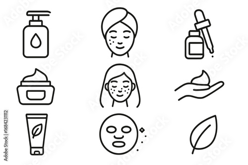 Skincare Routine Vector Icons, Line Art Set of Face Care Products, Facial Masks, Serums, Creams, and Natural Ingredients Illustration for Beauty Apps and Graphics