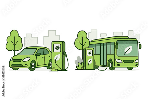 Eco-friendly transport set. Green electric car and bus with charging stations. Sustainable urban public transportation and personal vehicle. EV mobility vector cartoon concept.