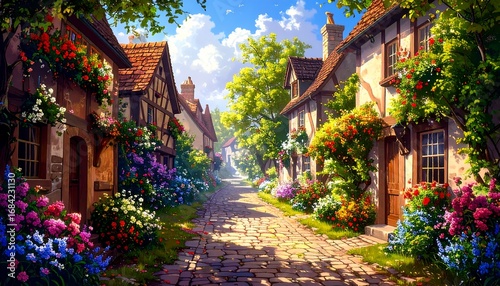 A sun-drenched village street lined with colorful flowers and quaint houses