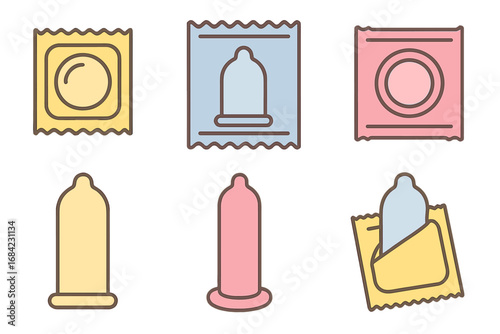 Collection of condom vector icons. Safe sex and contraception concept. Sexual health and protection illustration. Birth control, aids and std prevention. Latex rubber flat design.