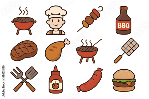 Grilling and barbecue filled icon set. Cookout and summer party food collection. Vector cartoon illustration with chef, steak, burger, sausage, kebab, and grill tools. BBQ concept.