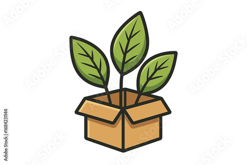 Plant growing out of a cardboard box. Concept for business startup, growth, new idea, and sustainable development. Eco-friendly packaging vector icon. Green investment metaphor.