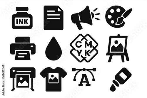 Printing and graphic design silhouette icon set. Print shop equipment, ink, paper, and advertising symbols. Art graphics collection with CMYK, plotter, and vector design tools.