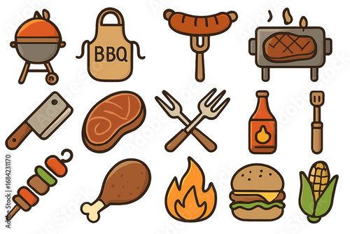Grilling and barbecue filled outline icon set. BBQ cookout vector collection with grill, steak, sausage, hamburger, and kebab. Summer outdoor picnic cartoon food symbols.
