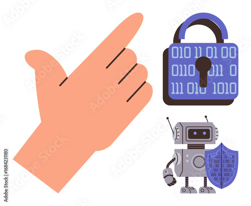 Hand gesture near binary-coded padlock and robot with shield highlights cybersecurity, AI, and data privacy. Ideal for technology, security, AI, innovation, internet safety privacy. Simple flat