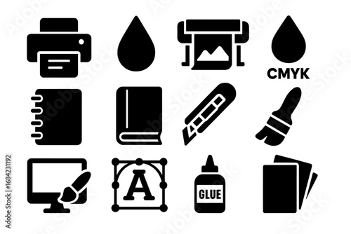 Printing and publishing solid icon set. Graphic design symbols collection. Essential tools for print shop, typography, and creative process. Vector glyphs of printer, ink, CMYK, book.