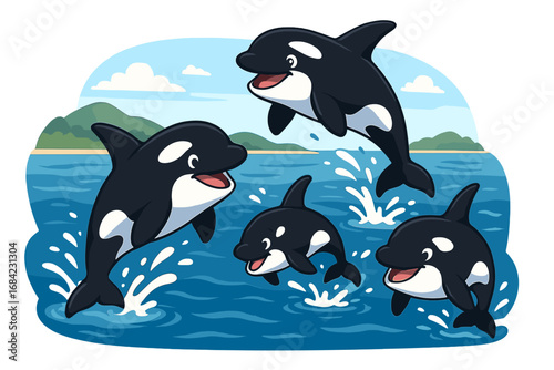 Orca family pod of killer whales jumping in the ocean. Cute cartoon vector illustration. Marine wildlife characters swimming. Happy sea animals splashing water near a coast.