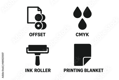 Printing industry solid icon set with offset, cmyk, ink roller, and printing blanket symbols. Vector glyph collection for print shop, typography, and graphic design concepts.