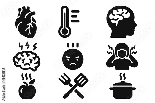 Health and stress solid icon set. Mental health, anxiety, headache concepts. Cooking, food, fever and anger symbols. Heart, brain, thermometer vector glyph collection.