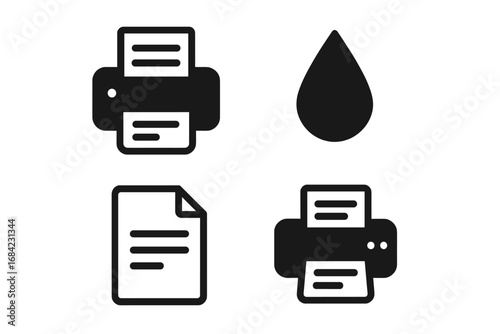 Printing technology solid icon set. Printer, ink drop, and document symbols. Office machine and equipment vector glyphs for web, app and print design. Simple flat illustration.