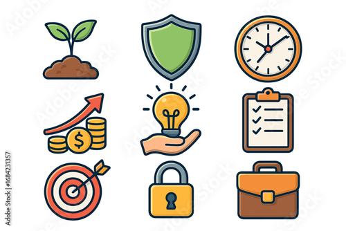 Business and success icons set with concepts of growth, security, time management, finance, innovation, goal achievement, and organization in cartoon style vector illustration