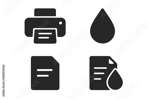 Printing technology solid icon set. Printer, ink, document symbols collection. Vector glyphs for office equipment, print shop. File, paper, page, printout concept illustration.