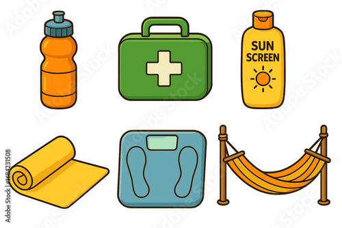 Health and wellness icon set. Vector cartoon illustration with first aid kit, sunscreen, yoga mat, water bottle, weight scale and hammock. Outdoor activity and home relaxation.