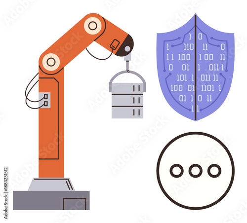 Robotic arm lifting data server, shield with binary codes symbolizing cybersecurity, and speech bubble. Ideal for technology, automation, cybersecurity, IoT, robotics, AI and industrial innovation