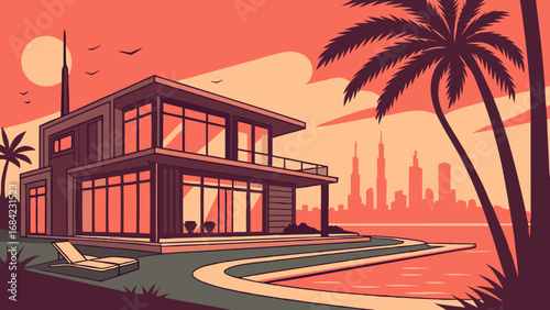 Modern House by the Water Sunset View Tropical Illustration.