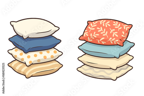 Two stacks of decorative pillows, vector illustration set. Cartoon cushions for home interior decor, comfort, and cozy bedroom design. Soft textile pile with various patterns.