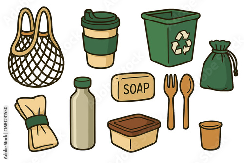 Eco-friendly reusable and recyclable items illustration for sustainable living, zero waste lifestyle concept, cartoon vector set with reusable bags, containers, cutlery, soap, and recycling bin