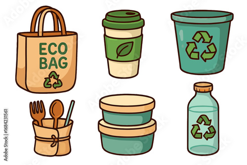 Reusable and recyclable eco-friendly items set for sustainable living lifestyle, green practices, zero waste utensils, bags, cups, containers, and bottles. Vector cartoon illustration.