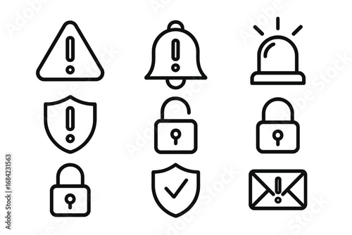Security and alert line icon set. Notification and protection symbols collection. Vector concept for cybersecurity, privacy, warning, attention. Padlock, shield, bell and siren signs.
