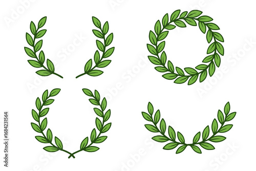 Laurel wreath vector icon set. Collection of green olive branches symbolizing victory, peace, and honor. Classic Greek and Roman awards for champions. Decorative logo element.
