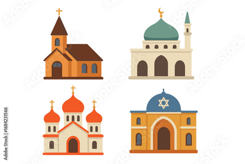 Religious buildings vector icon set. Church, mosque, synagogue, orthodox temple. Flat cartoon illustration of diverse architectural styles. Concept of world religions and faith.