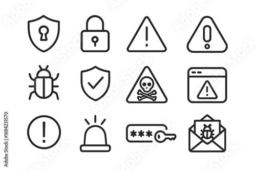 Security and alert line icon set. Cyber protection and internet safety symbols. Vector collection of warning, virus, malware, password, and spam icons for web and apps.