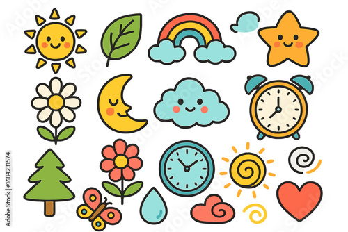 Cute kawaii cartoon icon set. Whimsical nature and weather sticker pack. Sun, moon, star, rainbow, cloud, flower, tree, butterfly, clock, and heart elements. Vector.