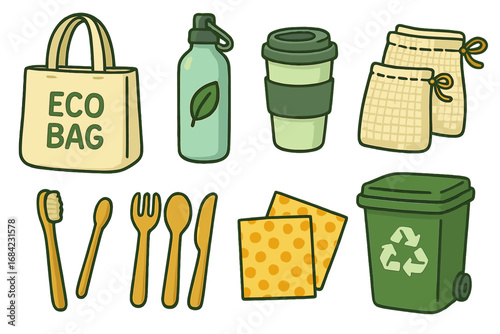 Reusable and recyclable eco-friendly items for sustainable living illustration, cartoon vector set with transparent background, zero waste lifestyle concept, ordered collection